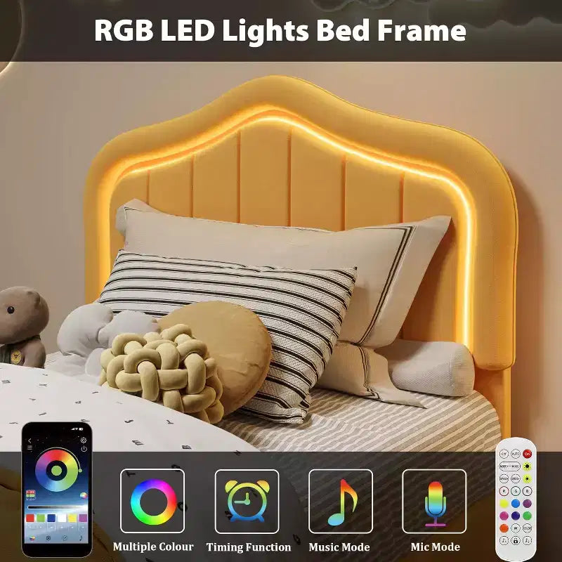 Cadre de lit double rembourré avec tiroir de rangement et tête de lit intelligente à LED, plateforme de taille double pour enfants, support à lattes en bois, pas besoin de sommier tapissier