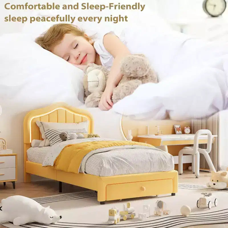 Cadre de lit double rembourré avec tiroir de rangement et tête de lit intelligente à LED, plateforme de taille double pour enfants, support à lattes en bois, pas besoin de sommier tapissier
