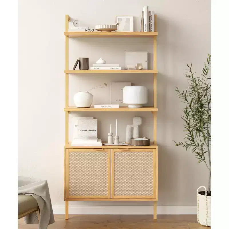 Rattan Ladder Bookshelf, 31.5 Wide 6-Tier Bookcase with Cabinet Doors, Wooden Storage Shelf for Living Room or Office