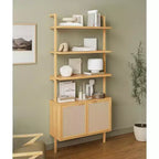 Étagère bibliothèque en rotin, 6 niveaux de 80 cm de large avec portes de placard, étagère de rangement en bois pour salon ou bureau