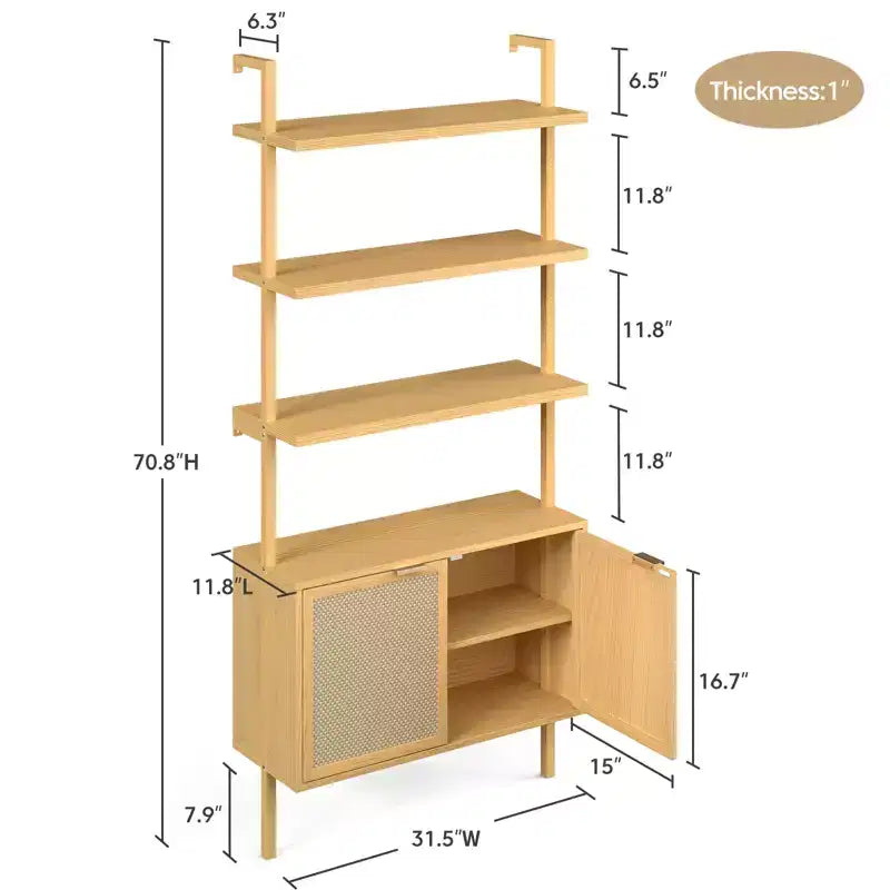 Étagère bibliothèque en rotin, 6 niveaux de 80 cm de large avec portes de placard, étagère de rangement en bois pour salon ou bureau
