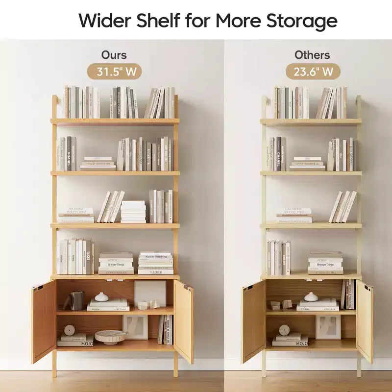 Étagère bibliothèque en rotin, 6 niveaux de 80 cm de large avec portes de placard, étagère de rangement en bois pour salon ou bureau