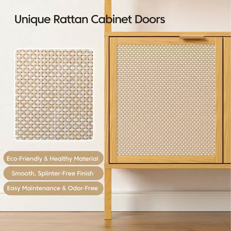 Étagère bibliothèque en rotin, 6 niveaux de 80 cm de large avec portes de placard, étagère de rangement en bois pour salon ou bureau