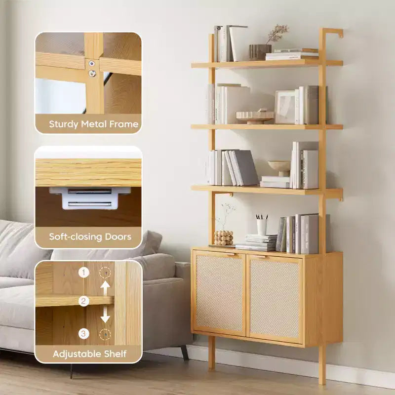 Étagère bibliothèque en rotin, 6 niveaux de 80 cm de large avec portes de placard, étagère de rangement en bois pour salon ou bureau