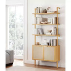 Étagère bibliothèque en rotin, 6 niveaux de 80 cm de large avec portes de placard, étagère de rangement en bois pour salon ou bureau