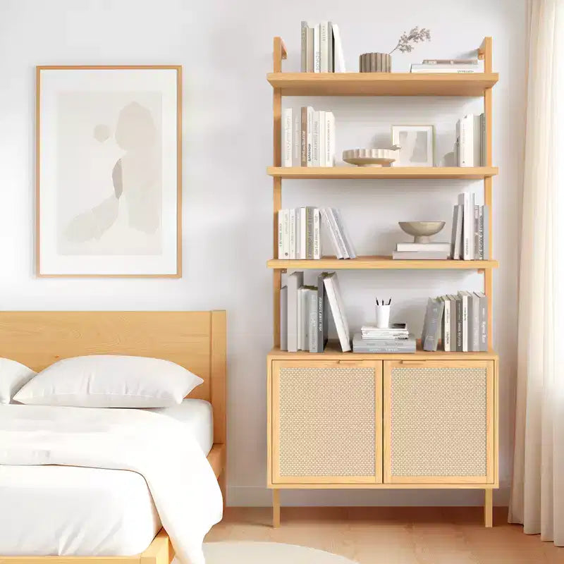Étagère bibliothèque en rotin, 6 niveaux de 80 cm de large avec portes de placard, étagère de rangement en bois pour salon ou bureau