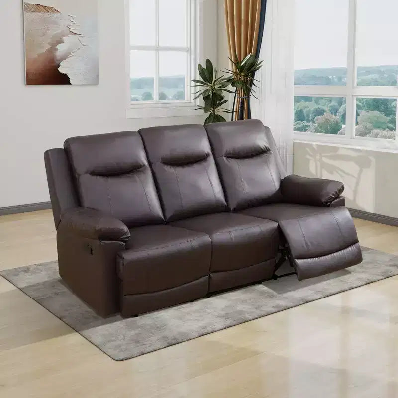MAYEERTY Reclining Sofa, 3-Seat Breathable Semi-PU Leather Recliner with Adjustable Backrests for Living Room, Brown