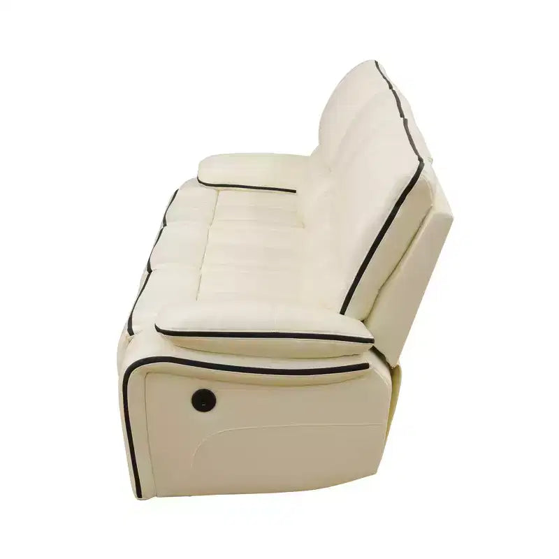 Canapé deux places inclinable MAYEERTY, fauteuil inclinable électrique en cuir avec port USB, rangement et porte-gobelets pour salon, blanc cassé