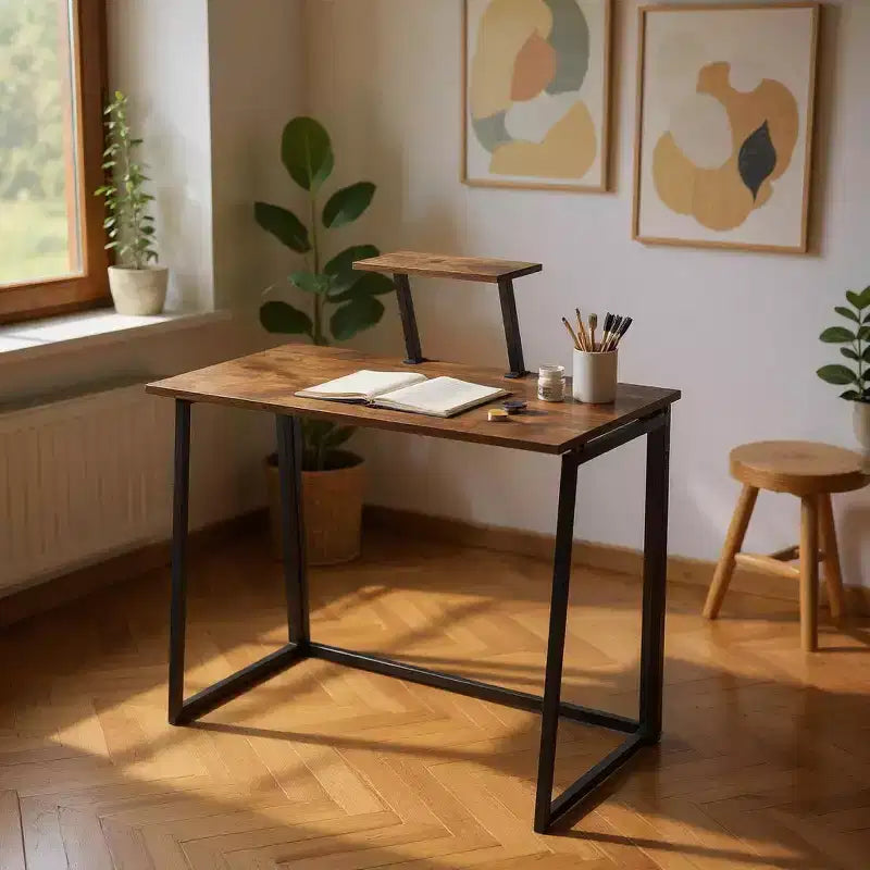FurnitureR Bureau pliant de 80 cm avec étagère supérieure réglable, petite table d'appoint pour ordinateur portable, table compacte facile à assembler pour bureau à domicile ou salon