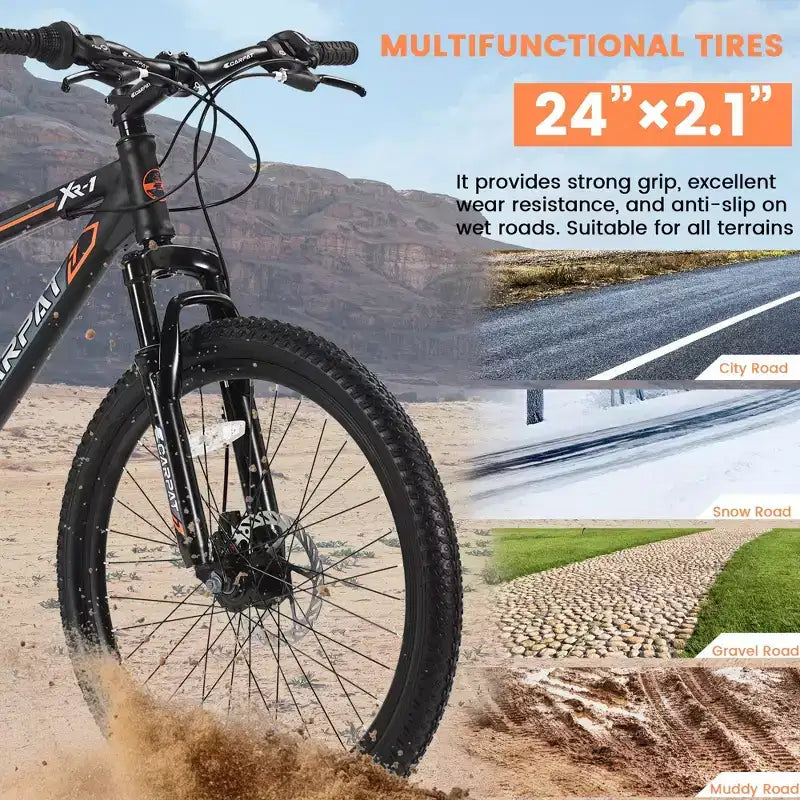 NAYSAYE Vélo tout-terrain 24 pouces 21 vitesses avec double frein à disque, cadre en acier, pour adultes, pour l'aventure en extérieur, noir et orange, 56.3*7.88*28.35