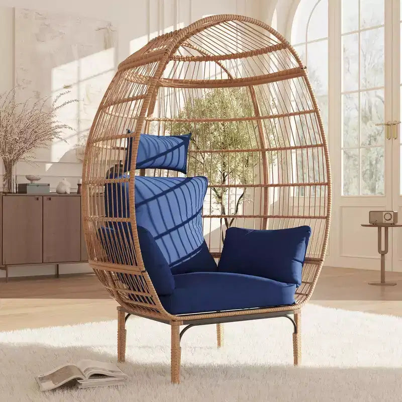 COZONY Oversized Wicker Egg Chair 500LBS, All-Weather Rattan Hanging Lounge Chair with 5 Cushions, Indoor Outdoor Patio Egg Chair for Backyard