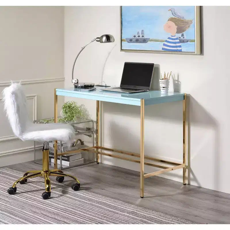 Okak 42IN Bureau élégant avec pieds en métal doré, bureau assis-debout avec grand plateau, bureau pour salon, salle de lecture