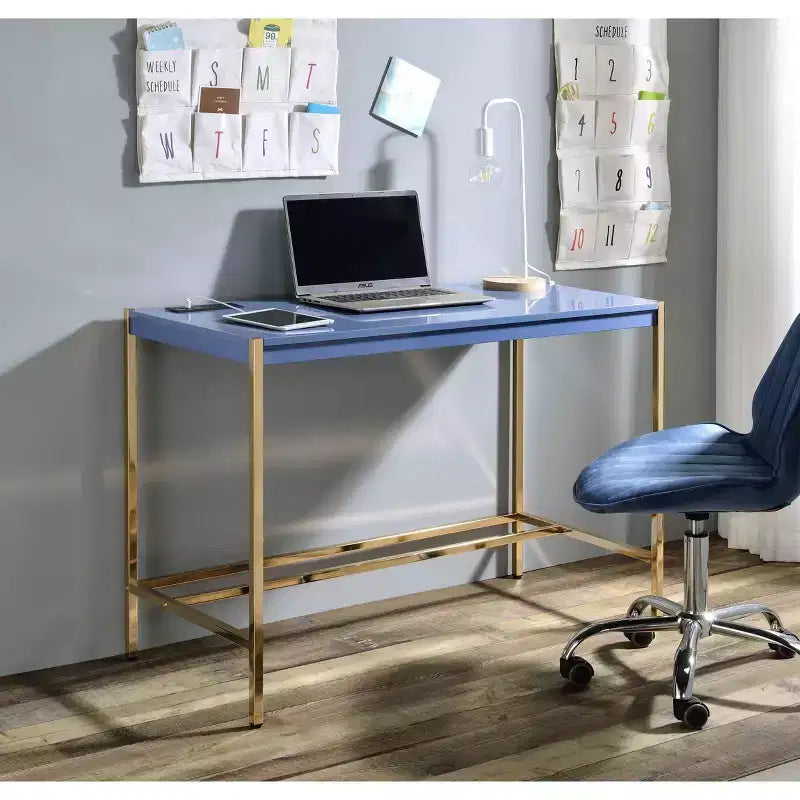 Okak 42IN Bureau élégant avec pieds en métal doré, bureau assis-debout avec grand plateau, bureau pour salon, salle de lecture
