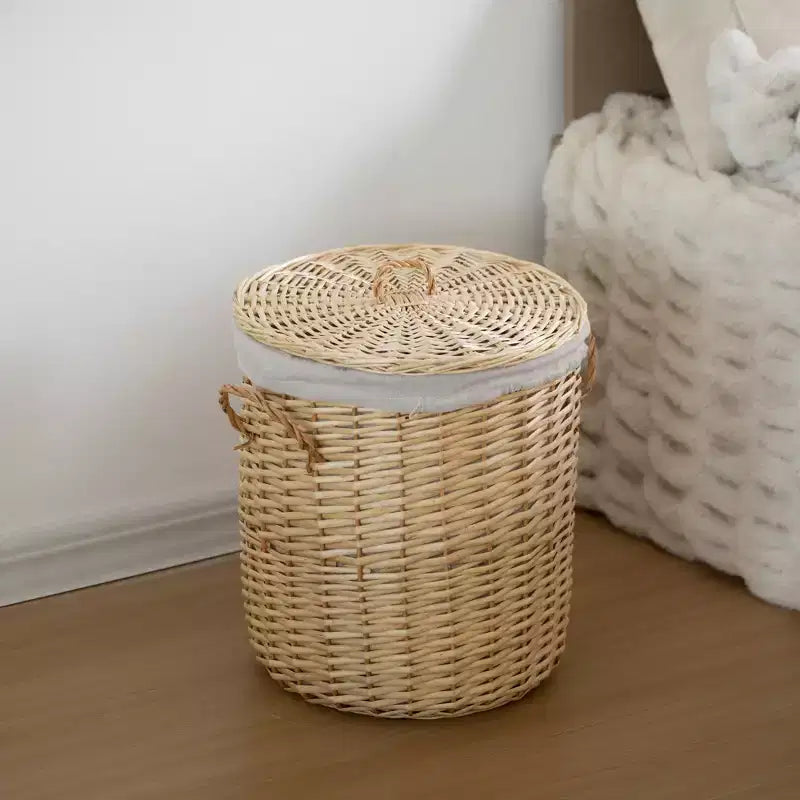 Panier à linge rond en osier Wickerwise avec couvercle, poignées latérales et doublure en tissu amovible, vide-poches décoratif naturel