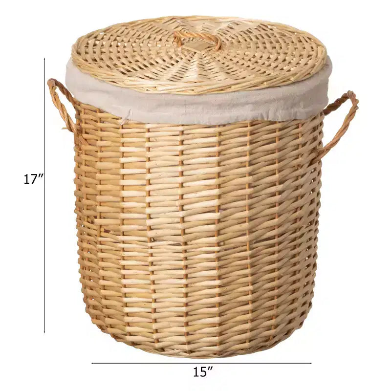 Panier à linge rond en osier Wickerwise avec couvercle, poignées latérales et doublure en tissu amovible, vide-poches décoratif naturel