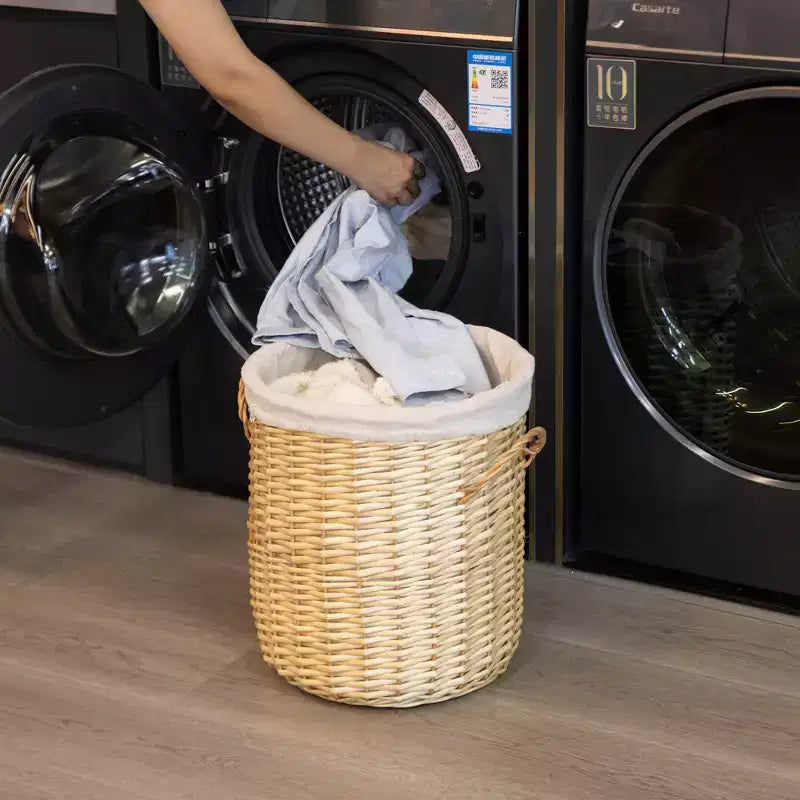 Panier à linge rond en osier Wickerwise avec couvercle, poignées latérales et doublure en tissu amovible, vide-poches décoratif naturel