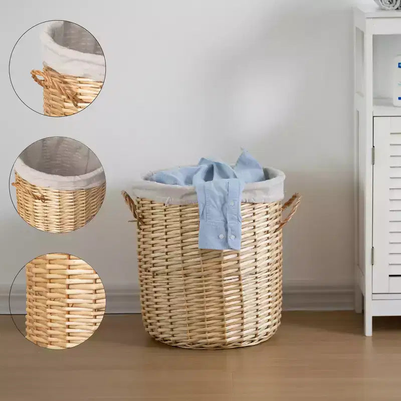 Panier à linge rond en osier Wickerwise avec couvercle, poignées latérales et doublure en tissu amovible, vide-poches décoratif naturel
