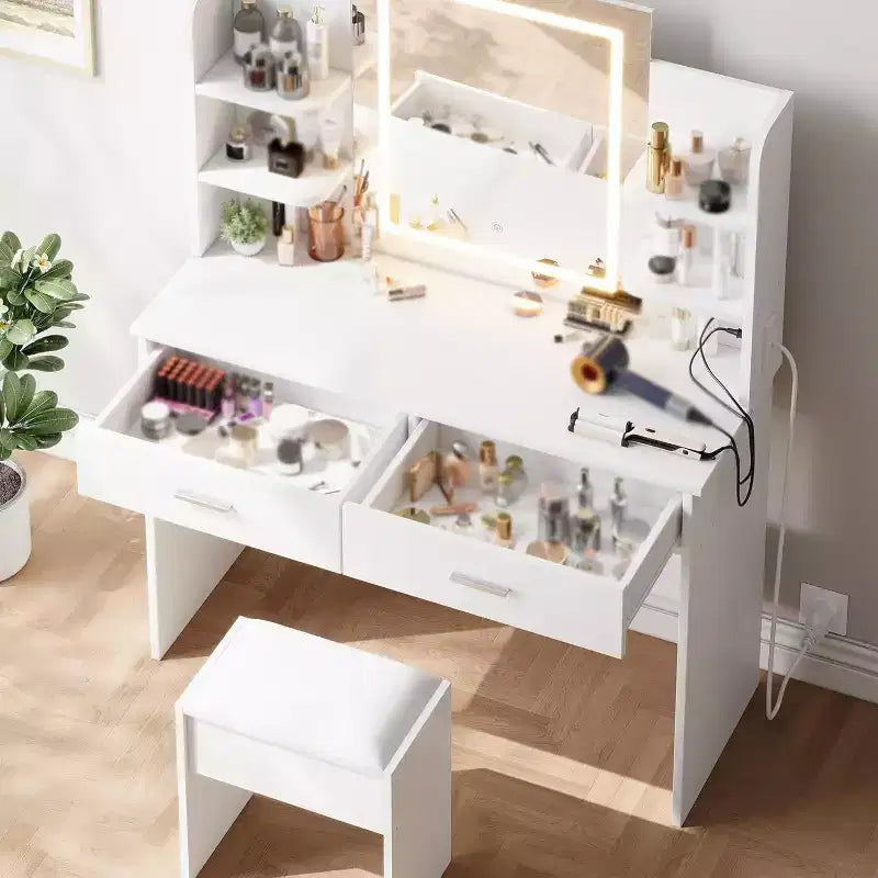 Acekool Coiffeuse avec miroir lumineux, tabouret, prise de courant, 6 étagères, 2 grands tiroirs, LED réglable 3 couleurs, Coiffeuse de maquillage pour chambre à coucher, Blanc