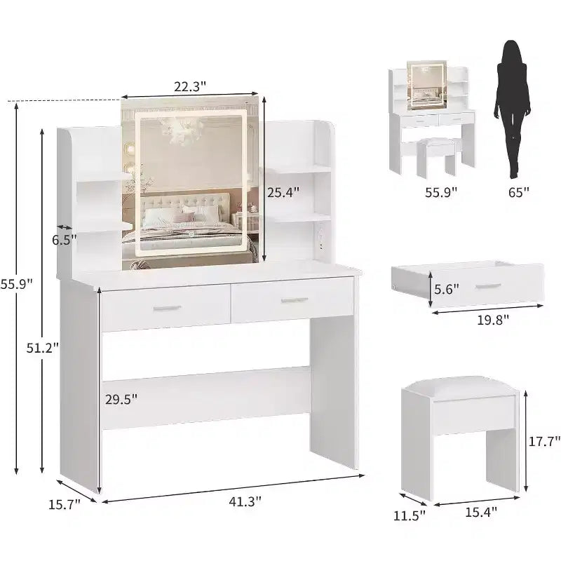 Acekool Coiffeuse avec miroir lumineux, tabouret, prise de courant, 6 étagères, 2 grands tiroirs, LED réglable 3 couleurs, Coiffeuse de maquillage pour chambre à coucher, Blanc