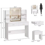 Acekool Coiffeuse avec miroir lumineux, tabouret, prise de courant, 6 étagères, 2 grands tiroirs, LED réglable 3 couleurs, Coiffeuse de maquillage pour chambre à coucher, Blanc