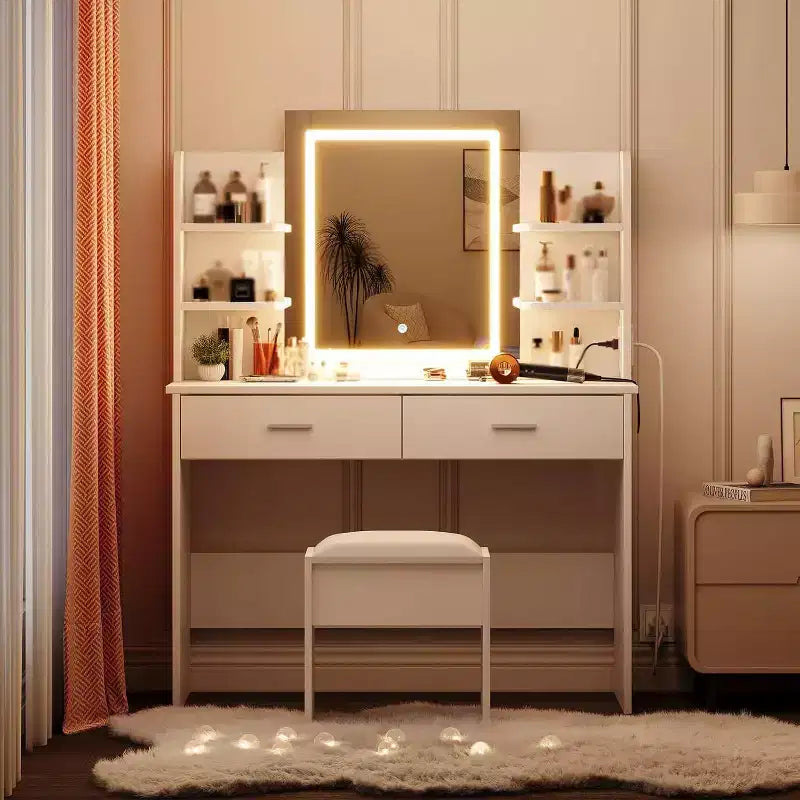 Acekool Coiffeuse avec miroir lumineux, tabouret, prise de courant, 6 étagères, 2 grands tiroirs, LED réglable 3 couleurs, Coiffeuse de maquillage pour chambre à coucher, Blanc