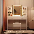 Acekool Coiffeuse avec miroir lumineux, tabouret, prise de courant, 6 étagères, 2 grands tiroirs, LED réglable 3 couleurs, Coiffeuse de maquillage pour chambre à coucher, Blanc