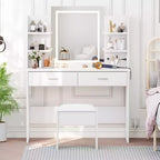 Acekool Coiffeuse avec miroir lumineux, tabouret, prise de courant, 6 étagères, 2 grands tiroirs, LED réglable 3 couleurs, Coiffeuse de maquillage pour chambre à coucher, Blanc
