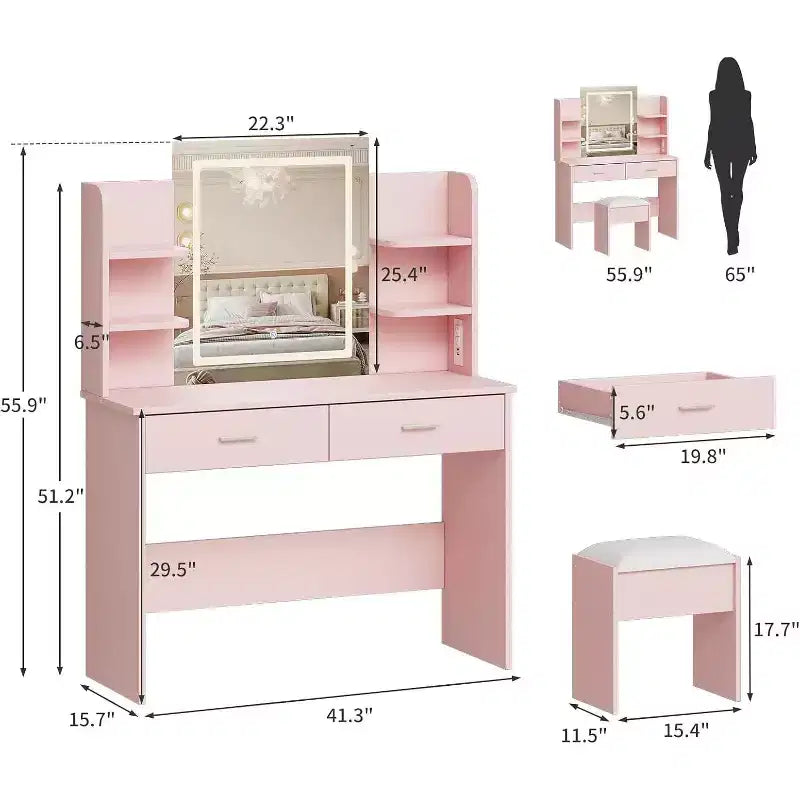 Coiffeuse Acekool avec miroir éclairé, tabouret, prise de courant, 6 étagères, 2 grands tiroirs, LED réglables 3 couleurs, coiffeuse de maquillage pour chambre, rose
