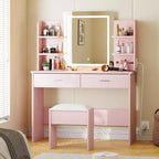 Coiffeuse Acekool avec miroir éclairé, tabouret, prise de courant, 6 étagères, 2 grands tiroirs, LED réglables 3 couleurs, coiffeuse de maquillage pour chambre, rose