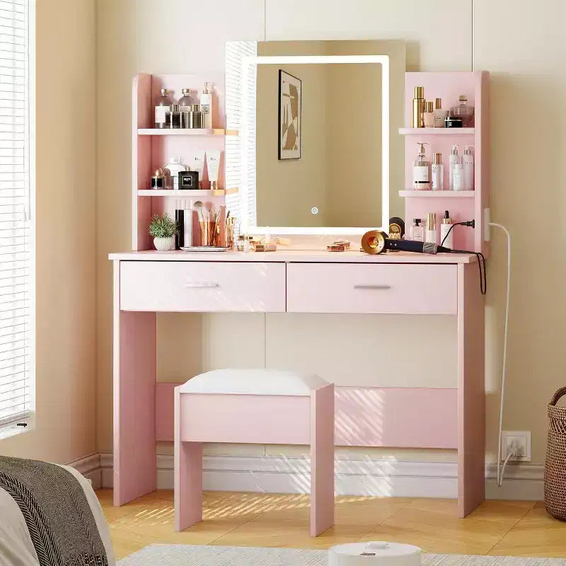 Coiffeuse Acekool avec miroir éclairé, tabouret, prise de courant, 6 étagères, 2 grands tiroirs, LED réglables 3 couleurs, coiffeuse de maquillage pour chambre, rose