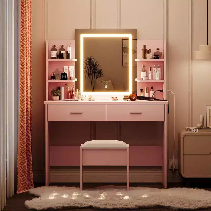 Coiffeuse Acekool avec miroir éclairé, tabouret, prise de courant, 6 étagères, 2 grands tiroirs, LED réglables 3 couleurs, coiffeuse de maquillage pour chambre, rose