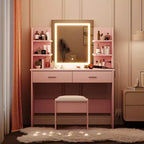 Coiffeuse Acekool avec miroir éclairé, tabouret, prise de courant, 6 étagères, 2 grands tiroirs, LED réglables 3 couleurs, coiffeuse de maquillage pour chambre, rose