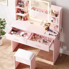 Coiffeuse Acekool avec miroir éclairé, tabouret, prise de courant, 6 étagères, 2 grands tiroirs, LED réglables 3 couleurs, coiffeuse de maquillage pour chambre, rose