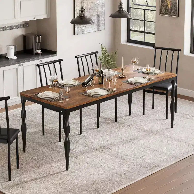 GustoWave Table à manger rectangulaire rustique de 79 po pour 6 à 8 personnes, table de cuisine à texture de bois avec pieds robustes, facile à nettoyer