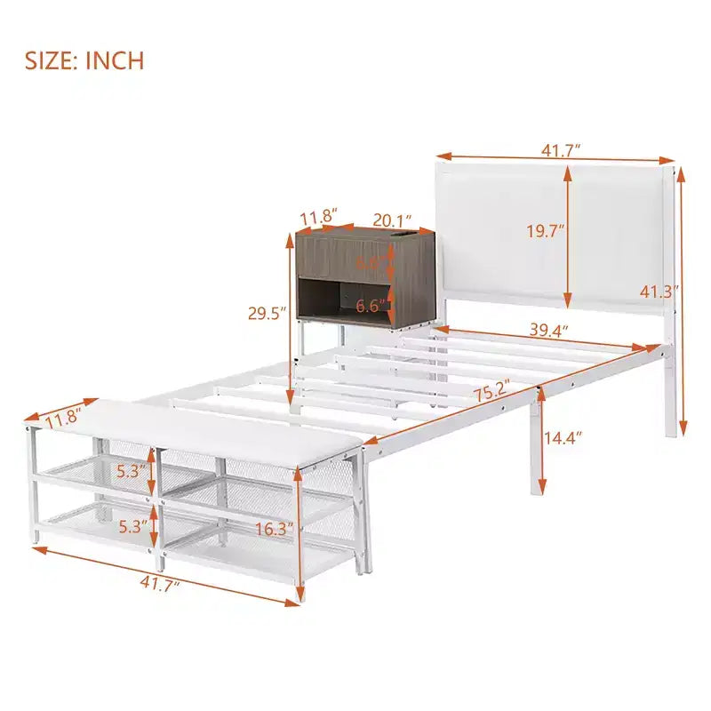 Lit de plateforme en métal avec étagères de rangement à deux niveaux et armoire de rangement en bois