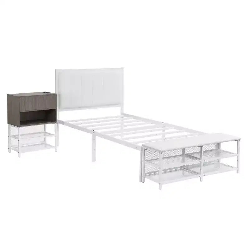Lit de plateforme en métal avec étagères de rangement à deux niveaux et armoire de rangement en bois