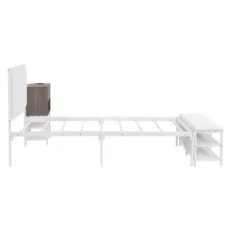 Lit de plateforme en métal avec étagères de rangement à deux niveaux et armoire de rangement en bois