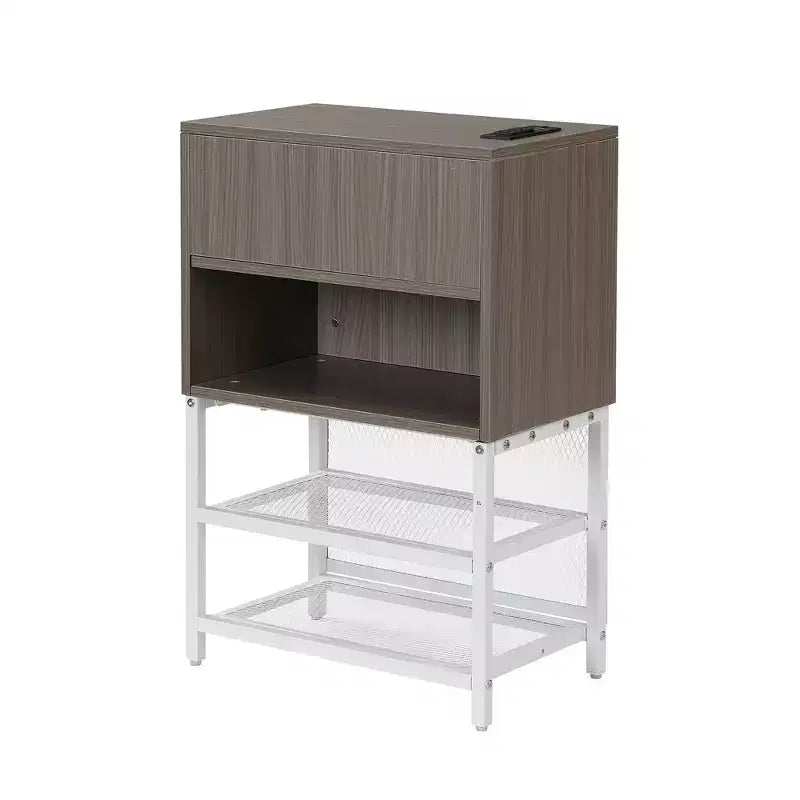 Lit de plateforme en métal avec étagères de rangement à deux niveaux et armoire de rangement en bois
