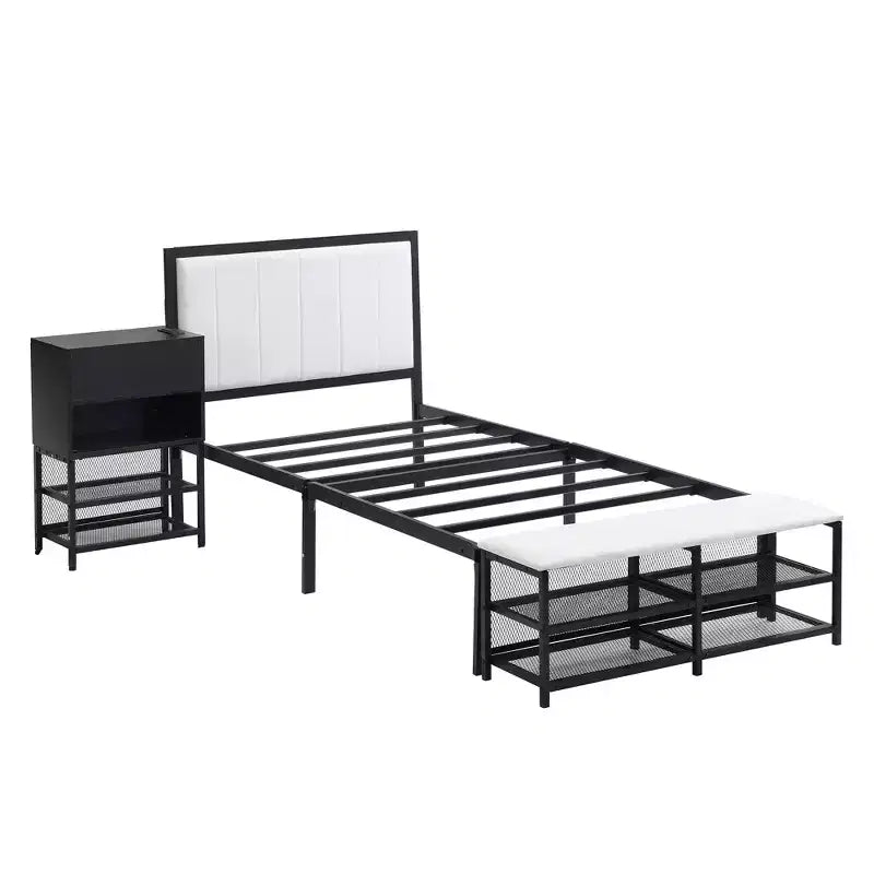 Lit de plateforme en métal avec étagères de rangement à deux niveaux et armoire de rangement en bois