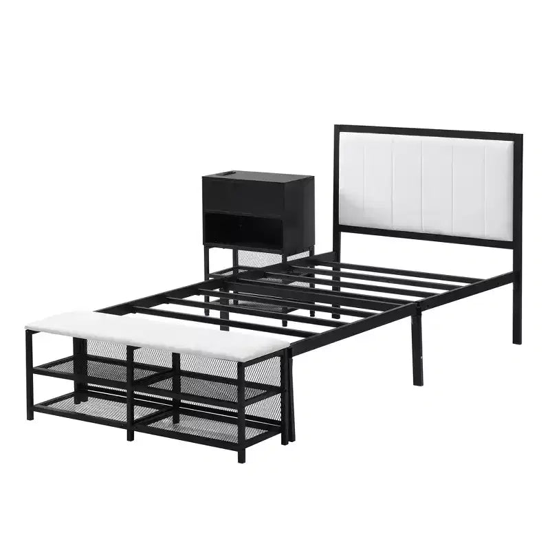 Lit de plateforme en métal avec étagères de rangement à deux niveaux et armoire de rangement en bois