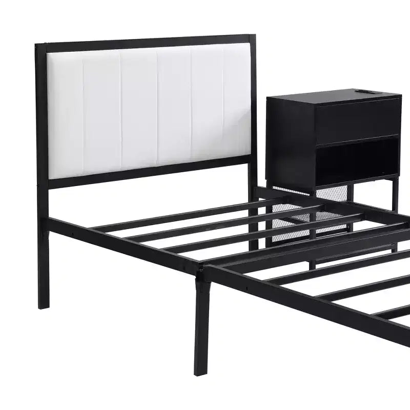 Lit de plateforme en métal avec étagères de rangement à deux niveaux et armoire de rangement en bois