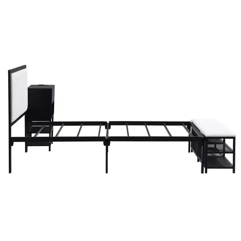 Lit de plateforme en métal avec étagères de rangement à deux niveaux et armoire de rangement en bois
