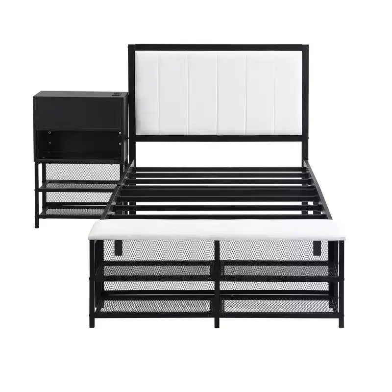 Lit de plateforme en métal avec étagères de rangement à deux niveaux et armoire de rangement en bois
