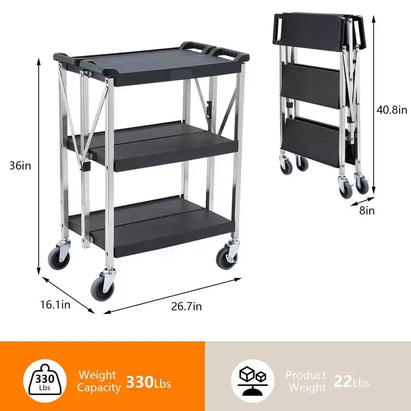 Chariot roulant à 3 étagères, usage intensif, chariot utilitaire commercial pliable avec roues, capacité de 150 kg, chariot de service pliable pour la restauration, le garage