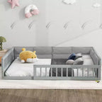Lit de sol pleine grandeur pour enfants avec clôture, lit plateforme en bois avec oreiller rembourré