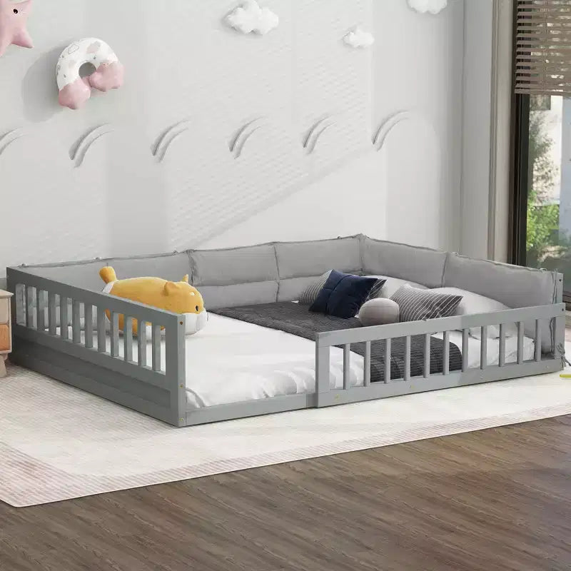 Lit de sol pleine grandeur pour enfants avec clôture, lit plateforme en bois avec oreiller rembourré