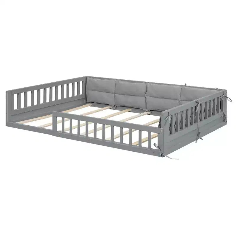 Lit de sol pleine grandeur pour enfants avec clôture, lit plateforme en bois avec oreiller rembourré