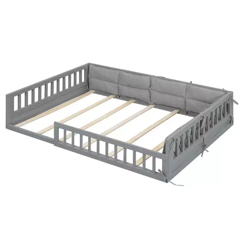 Lit de sol pleine grandeur pour enfants avec clôture, lit plateforme en bois avec oreiller rembourré
