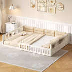Lit de sol pleine grandeur pour enfants avec clôture, lit plateforme en bois avec oreiller rembourré