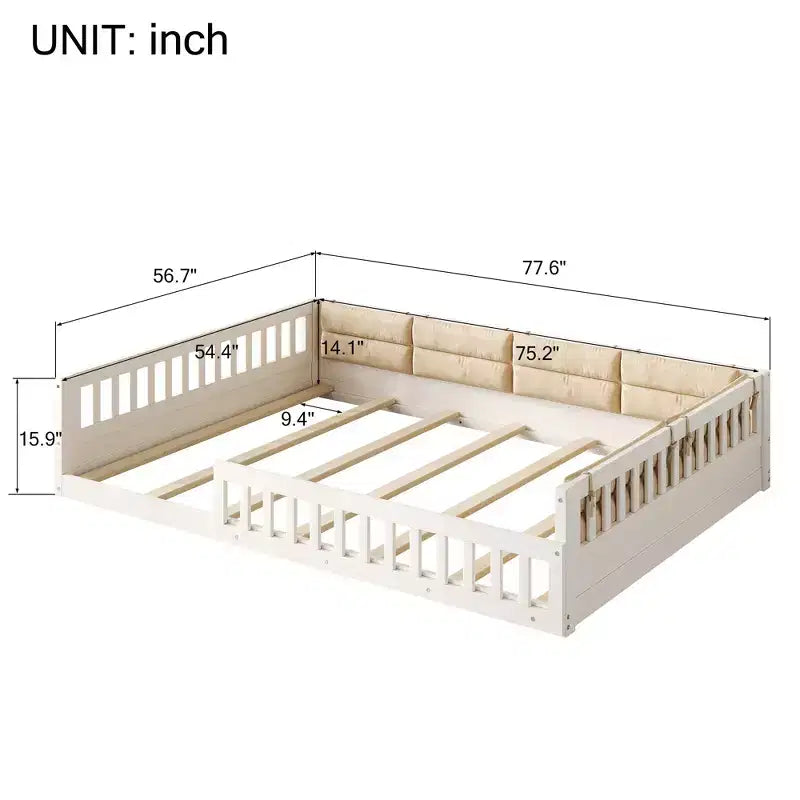 Lit de sol pleine grandeur pour enfants avec clôture, lit plateforme en bois avec oreiller rembourré